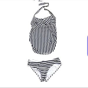 Beach Bump by Motherhood navy blue & white tankini two piece swimsuit size small